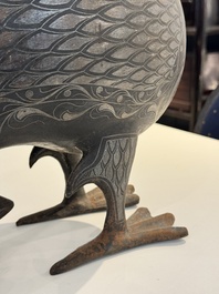 A large Qajar damascened steel bird-form sculpture, Persia, 19th C.