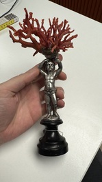 A red coral mounted silver figure, possibly Germany, 19th C.