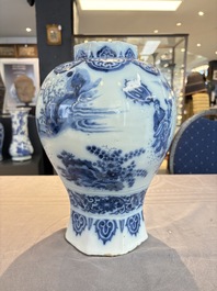 A blue and white Dutch Delft Transitional style chinoiserie vase, late 17th C.