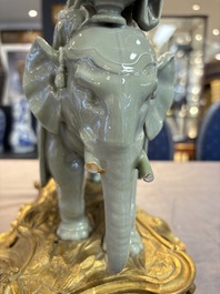 * A gilt-bronze-mounted celadon-glazed group of three figures riding an elephant, probably Samson, Paris, 19th C.