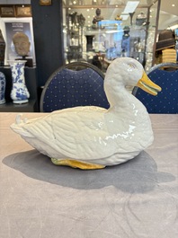 A polychrome French faience duck tureen and cover, Marseille, 18th C.