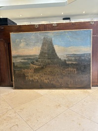 Flemish school: 'The Tower of Babel', oil on canvas, 17th C.