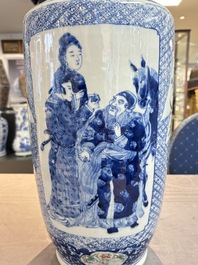 A Chinese blue, white and famille verte rouleau vase with figural and peacock design, Qianlong mark, 19th C.