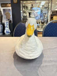 A polychrome French faience duck tureen and cover, Marseille, 18th C.
