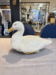 A polychrome French faience duck tureen and cover, Marseille, 18th C.