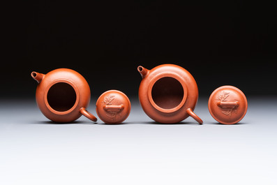 Two Chinese Yixing stoneware teapots and covers, Mengchen 孟臣 marks, 19th C.