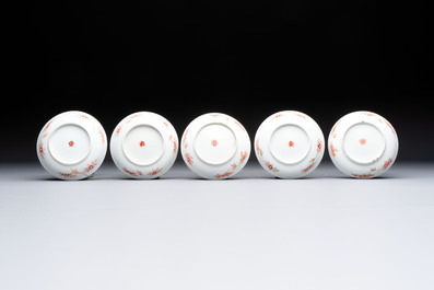Five Chinese famille verte cups and saucers with floral design, 19th C.