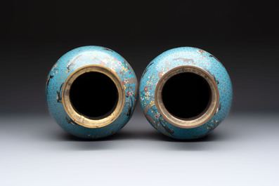 A pair of Chinese cloisonn&eacute; 'Magpies' vases and a 'Lotus Scroll' plaque, 19th C.