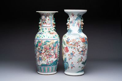 Two Chinese Canton famille rose vases with narrative design, 19th C.