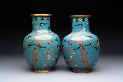 A pair of Chinese cloisonn&eacute; 'Magpies' vases and a 'Lotus Scroll' plaque, 19th C.