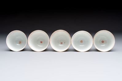 Five Chinese famille verte cups and saucers with floral design, 19th C.