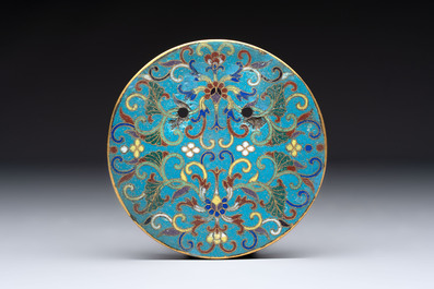 A pair of Chinese cloisonn&eacute; 'Magpies' vases and a 'Lotus Scroll' plaque, 19th C.