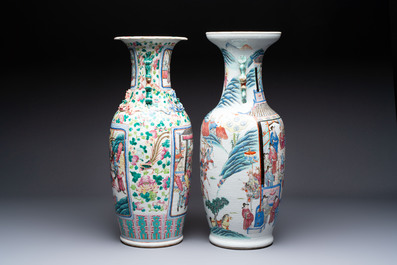 Two Chinese Canton famille rose vases with narrative design, 19th C.