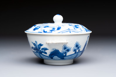 A Chinese blue and white 'Long Elizas and Playing Boys' bowl and cover, Chenghua mark, Kangxi