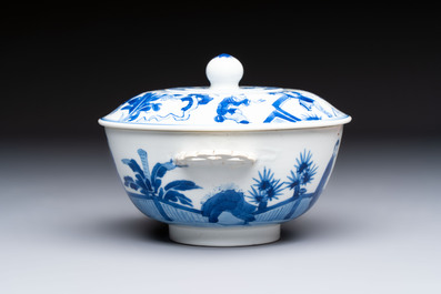 A Chinese blue and white 'Long Elizas and Playing Boys' bowl and cover, Chenghua mark, Kangxi