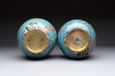 A pair of Chinese cloisonn&eacute; 'Magpies' vases and a 'Lotus Scroll' plaque, 19th C.