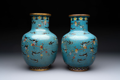 A pair of Chinese cloisonn&eacute; 'Magpies' vases and a 'Lotus Scroll' plaque, 19th C.