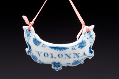 Five blue and white Dutch Delft 'Wine' labels, 18th C.