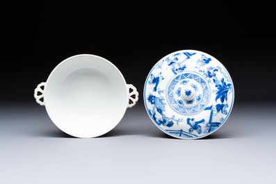 A Chinese blue and white 'Long Elizas and Playing Boys' bowl and cover, Chenghua mark, Kangxi