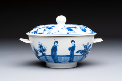 A Chinese blue and white 'Long Elizas and Playing Boys' bowl and cover, Chenghua mark, Kangxi