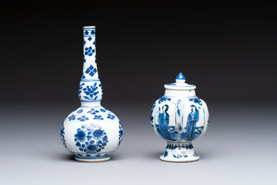 A Chinese blue and white covered ewer, a rose water sprinkler, a covered cup and saucer, jade 玉 and twin-fish mark, Kangxi