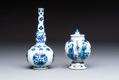 A Chinese blue and white covered ewer, a rose water sprinkler, a covered cup and saucer, jade 玉 and twin-fish mark, Kangxi