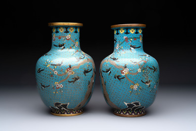A pair of Chinese cloisonn&eacute; 'Magpies' vases and a 'Lotus Scroll' plaque, 19th C.