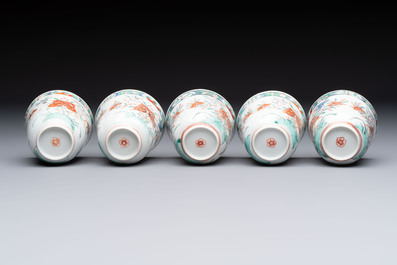Five Chinese famille verte cups and saucers with floral design, 19th C.