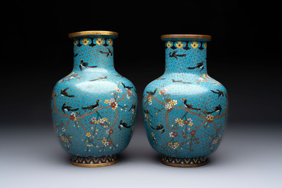 A pair of Chinese cloisonn&eacute; 'Magpies' vases and a 'Lotus Scroll' plaque, 19th C.