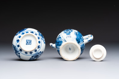 A Chinese blue and white covered ewer, a rose water sprinkler, a covered cup and saucer, jade 玉 and twin-fish mark, Kangxi