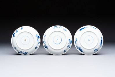 Three Chinese blue and white 'Elegant Beauties' cups and saucers, Chenghua and jade marks, Kangxi