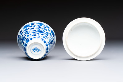 A Chinese blue and white covered ewer, a rose water sprinkler, a covered cup and saucer, jade 玉 and twin-fish mark, Kangxi