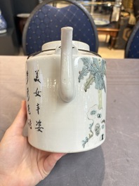 A Chinese qianjiang cai covered teapot and a covered wine warmer, Tongzhi mark, 19/20th C.