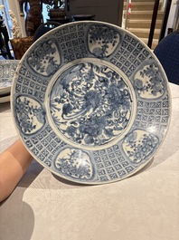 Three large Chinese Swatow blue and white dishes, Ming