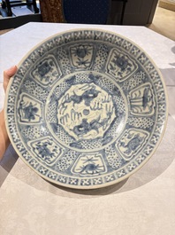 Three large Chinese Swatow blue and white dishes, Ming