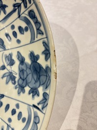 Three large Chinese Swatow blue and white dishes, Ming