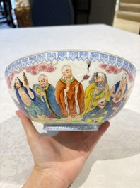 Four Chinese famille rose eggshell bowls with 'immortals' and 'landscape' design, Republic