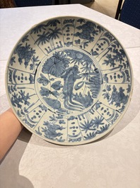 Three large Chinese Swatow blue and white dishes, Ming