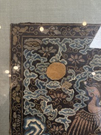 A Chinese silk kesi 'silver pheasant' or 'fifth rank' rank badge, Qing