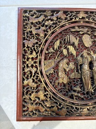 Six Chinese gilt-lacquered carved wooden panels with narrative design, 19th C.
