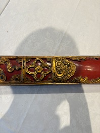 Six Chinese gilt-lacquered carved wooden panels with narrative design, 19th C.