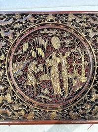 Six Chinese gilt-lacquered carved wooden panels with narrative design, 19th C.