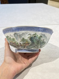 Four Chinese famille rose eggshell bowls with 'immortals' and 'landscape' design, Republic