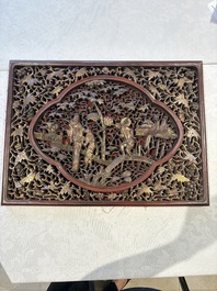 Six Chinese gilt-lacquered carved wooden panels with narrative design, 19th C.