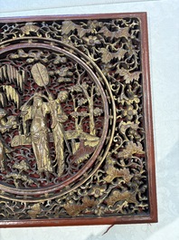 Six Chinese gilt-lacquered carved wooden panels with narrative design, 19th C.