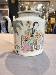 A Chinese qianjiang cai covered teapot and a covered wine warmer, Tongzhi mark, 19/20th C.