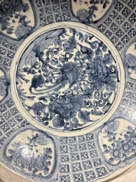 Three large Chinese Swatow blue and white dishes, Ming