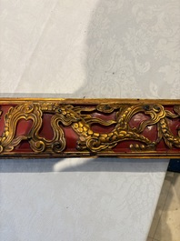 Six Chinese gilt-lacquered carved wooden panels with narrative design, 19th C.