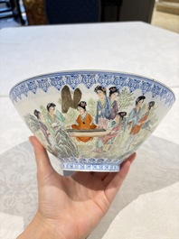 Four Chinese famille rose eggshell bowls with 'immortals' and 'landscape' design, Republic