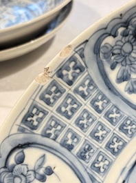 Three large Chinese Swatow blue and white dishes, Ming